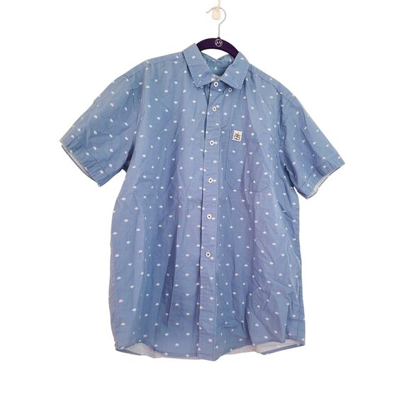 Low Tide Men’s Button Down Shirt Large Blue White Print Short Sleeve Casual - Picture 1 of 4